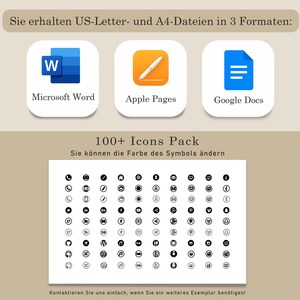 May include: An image with three app icons: Microsoft Word, Apple Pages, and Google Docs. Below, a collection of over 100 black and white icons is displayed. Text at the top reads, "You get US Letter and A4 files in 3 formats."