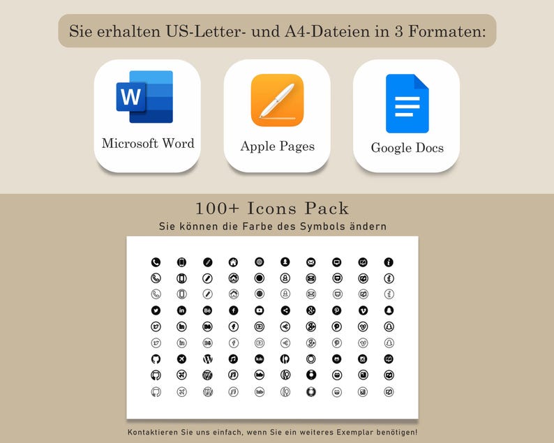 May include: An image with three app icons: Microsoft Word, Apple Pages, and Google Docs. Below, a collection of over 100 black and white icons is displayed. Text at the top reads, "You get US Letter and A4 files in 3 formats."