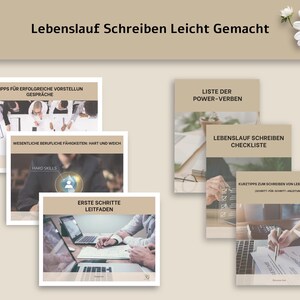 May include: A collection of informational guides with the title "Lebenslauf Schreiben Leicht Gemacht" in German. The guides cover topics like interview tips, hard skills, and resume writing checklists. The image has a beige background with white flowers.