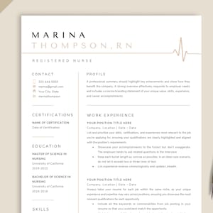May include: A professional resume template featuring the name "MARINA THOMPSON, RN". The document includes sections for contact details, qualifications, education, skills, and work history. A gold pen is positioned on the right side.