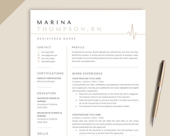 Nurse Resume Template Word, Google Docs,Apple Pages Resume Template, Nurse CV, Nursing Resume,RN Resume, MedicalResume, Doctor CV Template