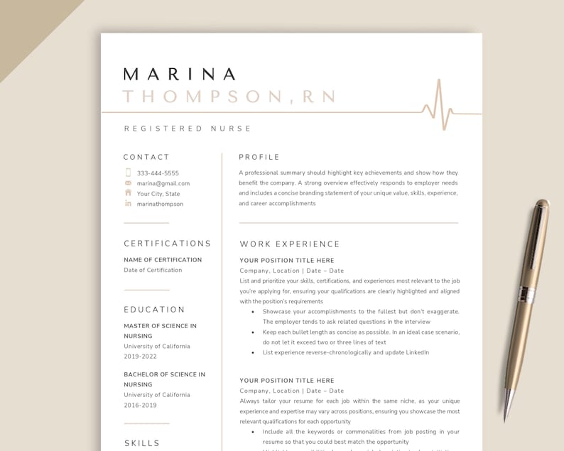 May include: A resume template with the name "MARINA THOMPSON, RN" at the top. The resume includes sections for contact information, certifications, education, skills, work experience, and a profile summary. A gold pen rests on the right side.