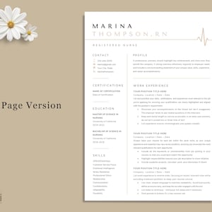May include: A resume template for a Registered Nurse, featuring a clean, modern design. The document includes sections for contact information, certifications, education, skills, and work experience. The design incorporates a subtle gold accent and a floral element.