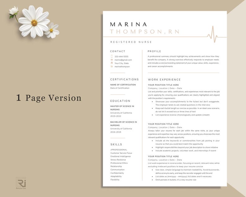 May include: A resume template for a Registered Nurse, featuring a clean, modern design. The document includes sections for contact information, certifications, education, skills, and work experience. The design incorporates a subtle gold accent and a floral element.