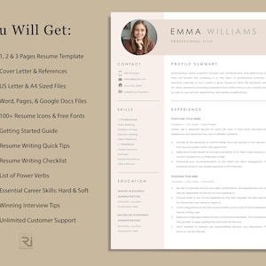 May include: A resume template with a professional design. The template includes sections for contact information, skills, experience, and education. The resume also includes a photo of a woman. The text on the resume includes the name "Emma Williams".