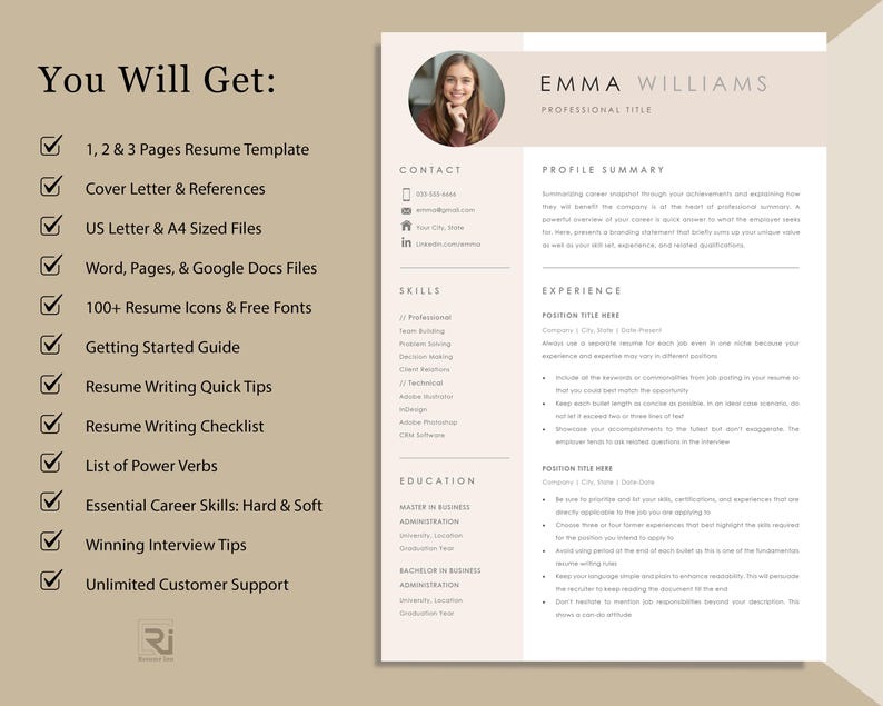 May include: A resume template with a professional design. The template includes sections for contact information, skills, experience, and education. The resume also includes a photo of a woman. The text on the resume includes the name "Emma Williams".