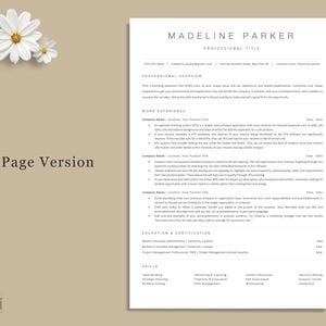 May include: A professional resume template with the name "Madeline Parker" at the top. The document includes sections for professional title, work experience, education, and skills. The words "1 Page Version" are visible.