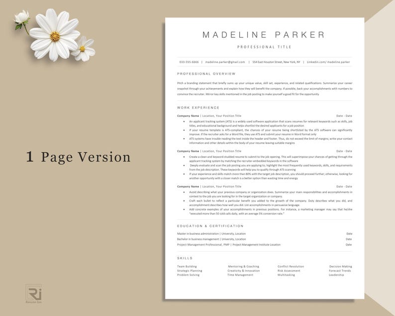 May include: A professional resume template with the name "Madeline Parker" at the top. The document includes sections for professional title, work experience, education, and skills. The words "1 Page Version" are visible.