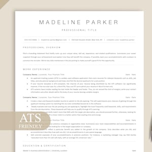 May include: A professional resume template, headed "Madeline Parker", with contact details and a job title. The document includes sections for professional overview, work experience, and education. A gold pen is placed on the side.