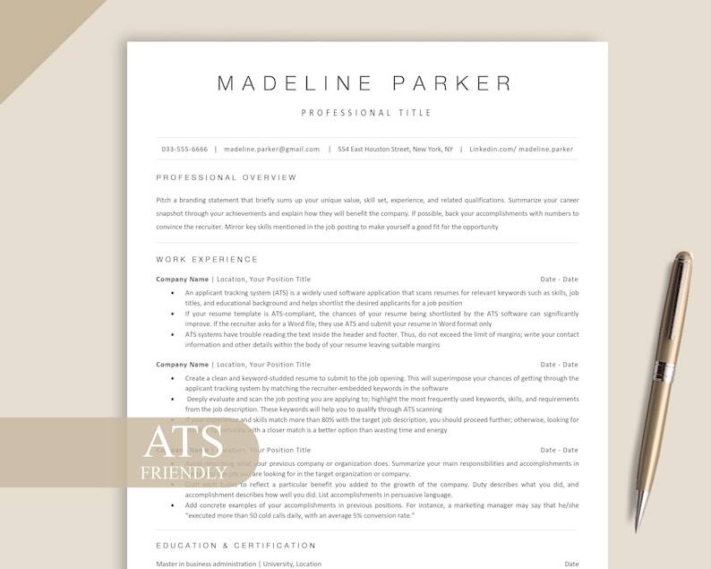 May include: A resume template with the name "Madeline Parker" at the top, with contact information and a professional title. The resume includes sections for professional overview, work experience, and education. A gold pen rests on the side.