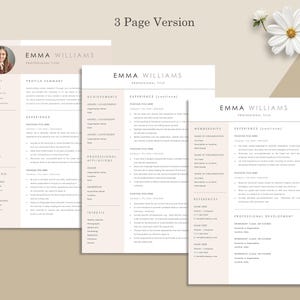 May include: A three-page resume template with a soft beige and white color scheme. The resume includes sections for contact information, profile summary, experience, education, and skills. The name "EMMA WILLIAMS" is prominently displayed at the top of each page.