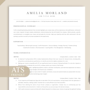May include: A professional CV template featuring the name Amelia Morland, contact details, sections for professional summary, expertise, and work experience, with a gold pen beside it and an ATS Friendly badge on the left side of the document.