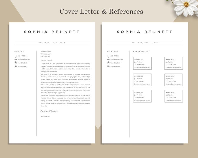Op de afbeelding: Een cv-sjabloon van twee pagina's met een minimalistisch ontwerp. De linkerpagina is een sollicitatiebrief en de rechterpagina is voor referenties. De tekst bevat de naam "SOPHIA BENNETT" en contactgegevens. De achtergrond is lichtbeige.