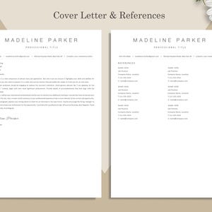 May include: Two-page resume template with the name "Madeline Parker" at the top. The left page is a cover letter, and the right page is a references list. The text is in a serif font, with a neutral color palette.