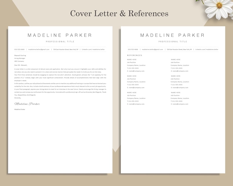May include: Two-page resume template with the name "Madeline Parker" at the top. The left page is a cover letter, and the right page is a references list. The text is in a serif font, with a neutral color palette.