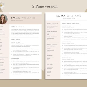May include: A two-page resume template with the name "EMMA WILLIAMS" at the top. The resume includes sections for contact information, skills, education, and experience. The design is minimalist with a light beige background and dark gray text.