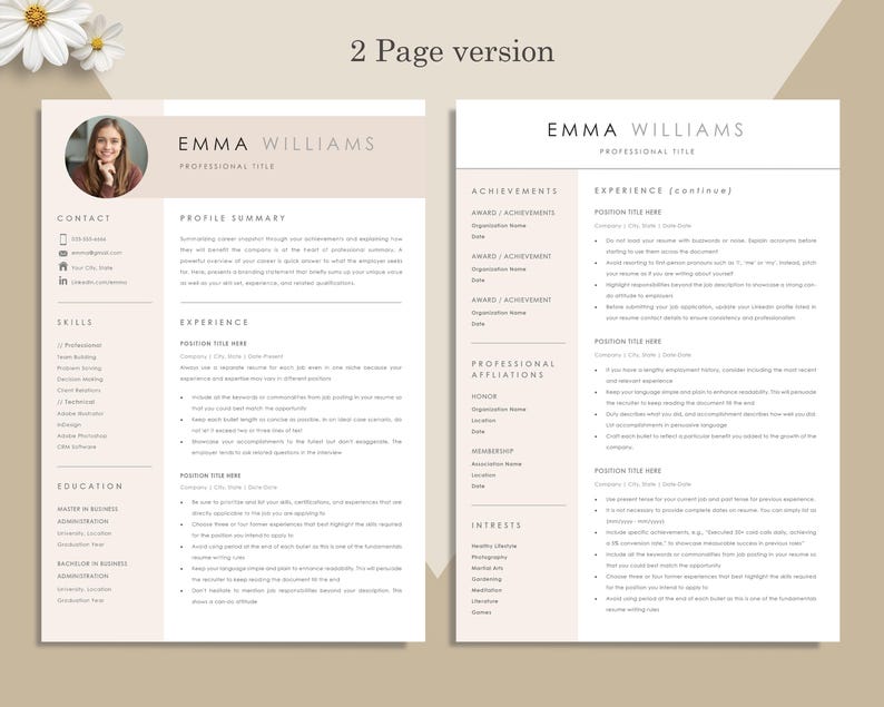 May include: A two-page resume template with the name "EMMA WILLIAMS" at the top. The resume includes sections for contact information, skills, education, and experience. The design is minimalist with a light beige background and dark gray text.