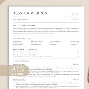 May include: A professional resume template featuring the name "JESSICA WERREN". The document includes sections for professional summary, skills, education, and work experience. A gold pen is positioned on the right. The text "ATS FRIENDLY" is visible.