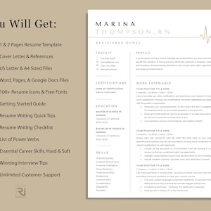 May include: A resume template with the name "Marina Thompson, RN" at the top. The resume includes sections for contact information, certifications, education, work experience, and skills. The text "You Will Get:" is at the top left, with a list of included items.