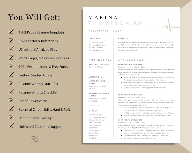 May include: A resume template with the name "Marina Thompson, RN" at the top. The resume includes sections for contact information, certifications, education, work experience, and skills. The text "You Will Get:" is at the top left, with a list of included items.