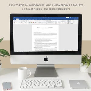 May include: A desktop computer displaying a resume template titled "MADELINE PARKER" in a Word document. The screen is surrounded by a white keyboard, a white mug, a smartphone, a small laptop, and potted plants. Text at the top reads "EASY TO EDIT ON WINDOWS PC, MAC, CHROMEBOOKS & TABLETS (IF SMART PHONES - USE GOOGLE DOCS ONLY)".