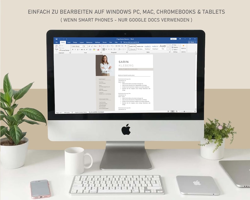 May include: A desktop computer displaying a resume template in a word processing program. The screen shows the name "SARIN KLEBERG". A keyboard, mouse, mug, and smartphone are on the white desk. Text at the top reads "EINFACH ZU BEARBEITEN AUF WINDOWS PC, MAC, CHROMEBOOKS & TABLETS".
