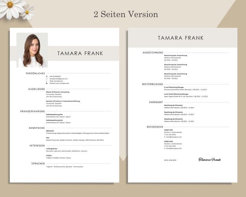 May include: A two-page resume template with a professional design. The first page features a headshot of a woman, contact details, education, experience, skills, interests, and languages. The second page lists awards, further education, volunteer work, and references.