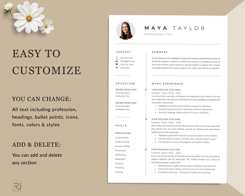 Pu&ograve; includere: Un modello di curriculum vitae personalizzabile con il nome "MAYA TAYLOR" in alto. Il curriculum include sezioni per informazioni di contatto, istruzione, competenze ed esperienza lavorativa. Il testo "EASY TO CUSTOMIZE" &egrave; visualizzato a sinistra.