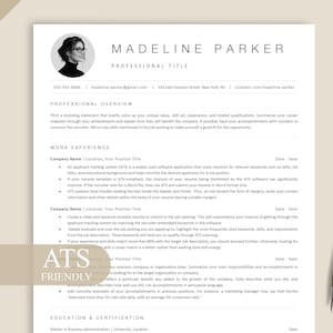 May include: A white CV template featuring a circular headshot placeholder, the name Madeline Parker, and sections for professional overview, work experience, and education. The document includes a beige overlay with the text ATS FRIENDLY.