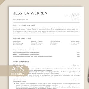 May include: A professional CV template featuring a clean, white layout with black text, organised into sections for professional summary, skills, education, and work experience. A gold-toned pen is positioned to the right of the document.
