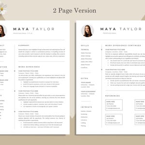 Pu&ograve; includere: Modello di curriculum vitae a due pagine con il nome "MAYA TAYLOR" in alto. Il curriculum include sezioni per informazioni di contatto, istruzione, competenze, esperienza lavorativa e referenze. Design pulito con un'estetica minimalista.
