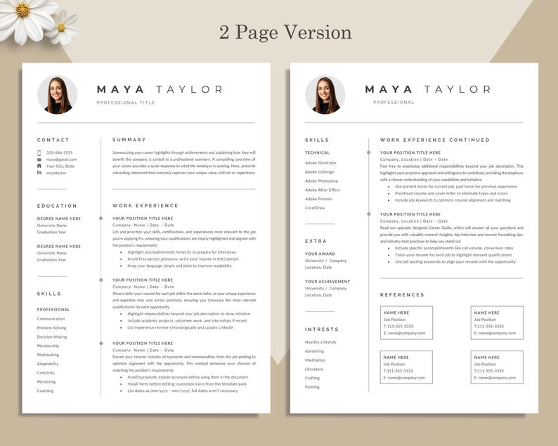 Pu&ograve; includere: Modello di curriculum vitae a due pagine con il nome "MAYA TAYLOR" in alto. Il curriculum include sezioni per informazioni di contatto, istruzione, competenze, esperienza lavorativa e referenze. Design pulito con un'estetica minimalista.