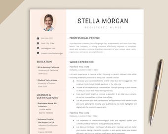 Plantilla de currículum con foto para enfermeras, plantilla de currículum de enfermeras (Google Docs, Word, Pages), CV de enfermeras, CV de enfermería para recién graduados, CV de auxiliares de enfermería certificados (CNA), CV de médicos.