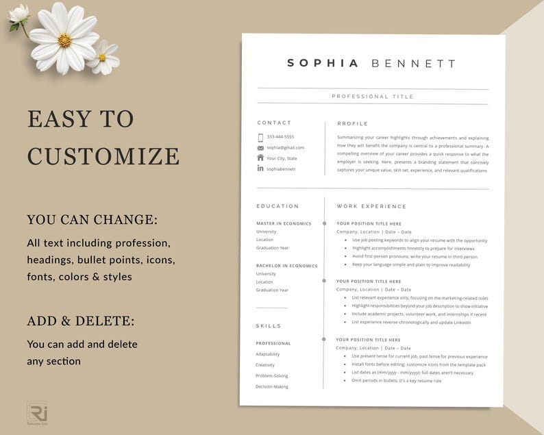 Op de afbeelding: Een minimalistische cv-sjabloon met de naam "SOPHIA BENNETT" bovenaan. Het cv bevat secties voor contactgegevens, profiel, opleiding, werkervaring en vaardigheden. De tekst "EASY TO CUSTOMIZE" wordt weergegeven met de mogelijkheid om tekst, lettertypen, kleuren en stijlen te wijzigen.
