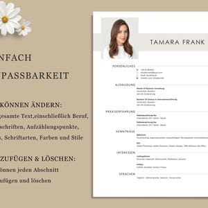 May include: A resume template with the name "Tamara Frank" at the top. The resume includes sections for personal information, education, work experience, skills, interests, and languages. The left side has text in German about customization.
