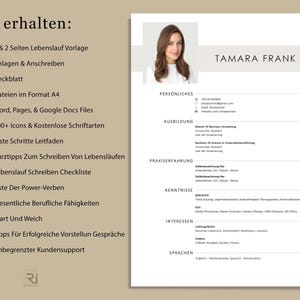May include: A resume template with a photo of a woman, with the name "Tamara Frank" at the top. The resume includes sections for personal information, education, experience, skills, and interests. The left side lists features like resume templates and writing tips.