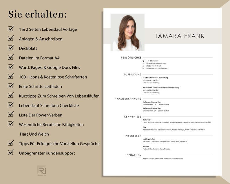 May include: A resume template with a photo of a woman, with the name "Tamara Frank" at the top. The resume includes sections for personal information, education, experience, skills, and interests. The left side lists features like resume templates and writing tips.