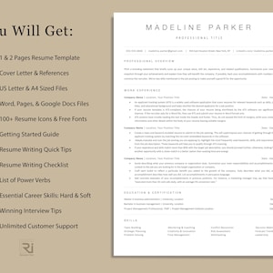 May include: A resume template with the name "Madeline Parker" at the top. The resume includes sections for professional overview, work experience, education, and skills. The left side lists items such as resume templates, cover letters, and resume writing tips.