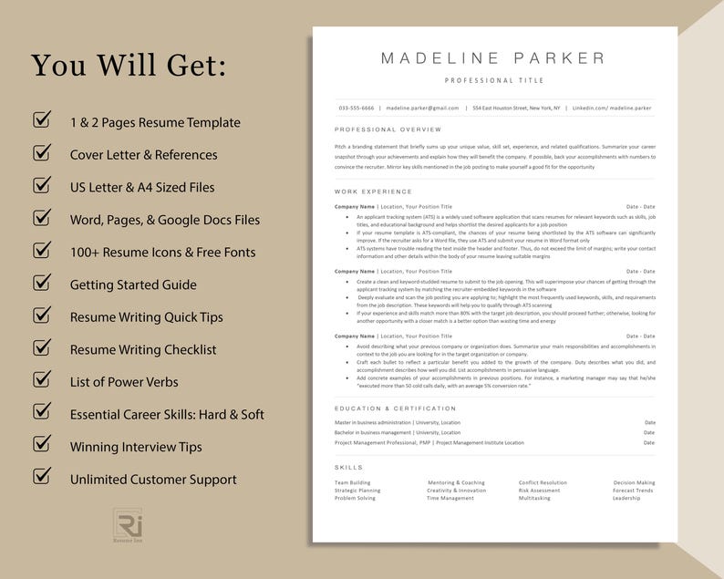 May include: A resume template with the name "Madeline Parker" at the top. The resume includes sections for professional overview, work experience, education, and skills. The left side lists items such as resume templates, cover letters, and resume writing tips.