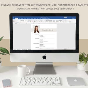 May include: A desktop computer displaying a resume template with the name "TAMARA FRANK". The screen shows a Word document. A white mug, keyboard, phone, and other accessories are on the desk. The text at the top says "EASY TO EDIT ON WINDOWS PC, MAC, CHROMEBOOKS & TABLETS".