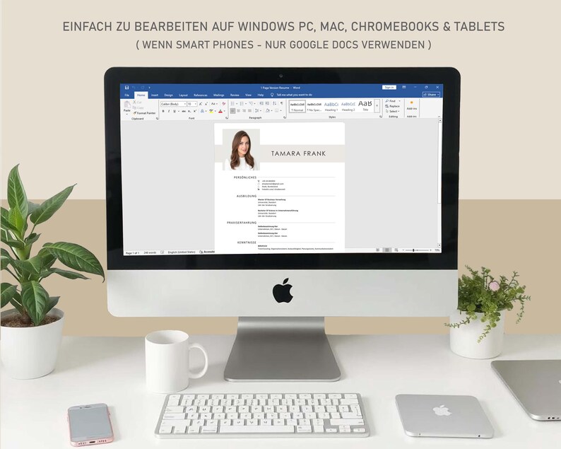 May include: A desktop computer displaying a resume template with the name "TAMARA FRANK". The screen shows a Word document. A white mug, keyboard, phone, and other accessories are on the desk. The text at the top says "EASY TO EDIT ON WINDOWS PC, MAC, CHROMEBOOKS & TABLETS".