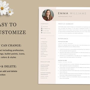 May include: A resume template with a photo of a woman, featuring the name "Emma Williams." The design is in beige and white, with sections for contact, skills, experience, and education. Text includes "Easy to Customize" and "Add & Delete" options.