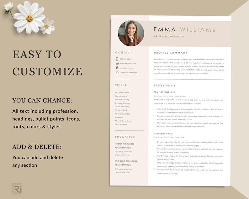 May include: A resume template with a photo of a woman, featuring the name "Emma Williams." The design is in beige and white, with sections for contact, skills, experience, and education. Text includes "Easy to Customize" and "Add & Delete" options.