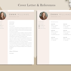 May include: A two-page resume template with a headshot, contact information, and sections for a cover letter and references. The design features a neutral color palette with the name "EMMA WILLIAMS" at the top.