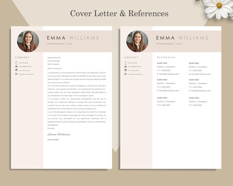 May include: A two-page resume template with a headshot, contact information, and sections for a cover letter and references. The design features a neutral color palette with the name "EMMA WILLIAMS" at the top.