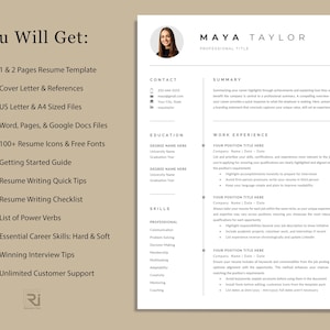 Pu&ograve; includere: Un modello di curriculum vitae professionale con il nome "Maya Taylor" in alto. Il curriculum include sezioni per informazioni di contatto, istruzione, competenze ed esperienza lavorativa. Il lato sinistro elenca elementi come modelli di curriculum.