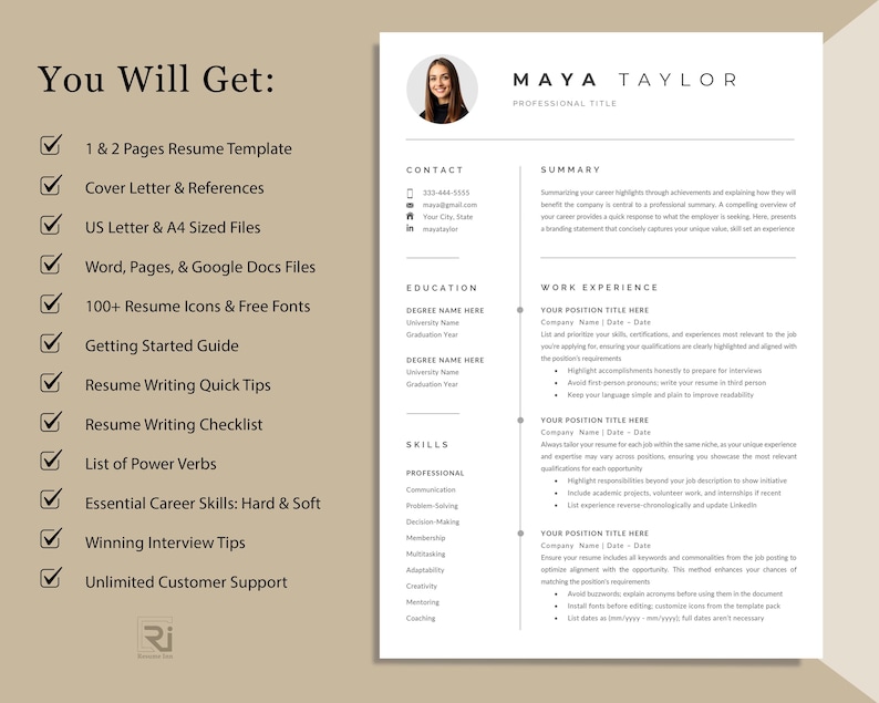 Pu&ograve; includere: Un modello di curriculum vitae professionale con il nome "Maya Taylor" in alto. Il curriculum include sezioni per informazioni di contatto, istruzione, competenze ed esperienza lavorativa. Il lato sinistro elenca elementi come modelli di curriculum.