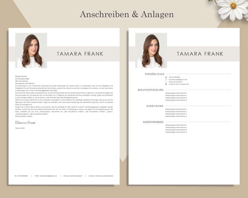 May include: A two-page resume template with a photo of Tamara Frank. The left page features a cover letter, and the right page lists personal details, work experience, education, and awards. The design is minimalist with a neutral color palette.