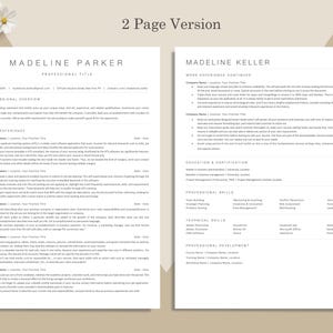 May include: A two-page resume template with a minimalist design. The document features the name "Madeline Parker" at the top, followed by sections for professional overview, work experience, and skills. The text is in a clean, easy-to-read font, with a neutral color scheme.