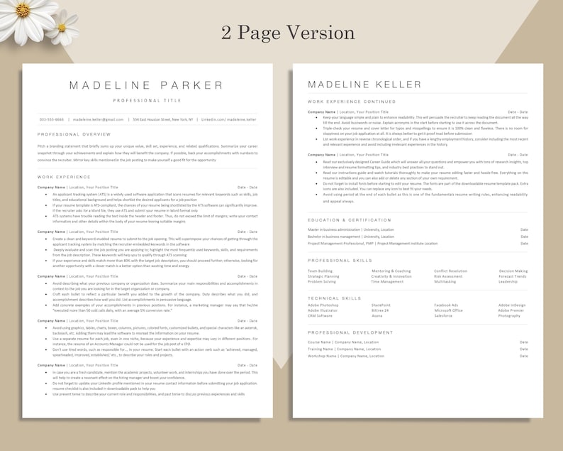 May include: A two-page resume template with a minimalist design. The document features the name "Madeline Parker" at the top, followed by sections for professional overview, work experience, and skills. The text is in a clean, easy-to-read font, with a neutral color scheme.